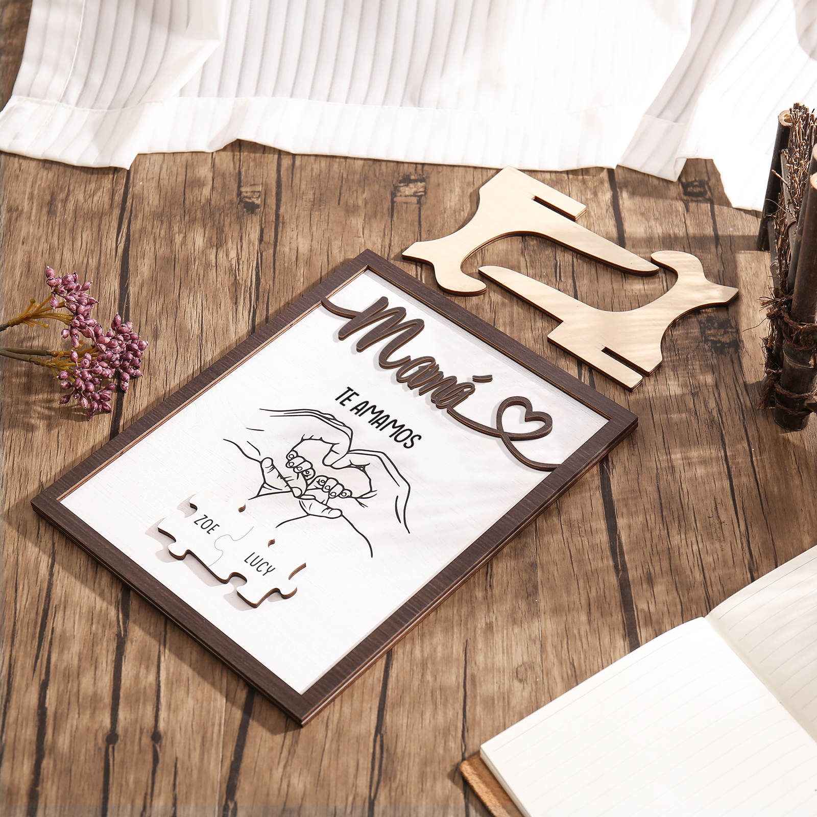 A mi mamá-Adorno 2-6 nombres y 1 texto personalizados decoración de madera rompecabezas-Jessemade ES