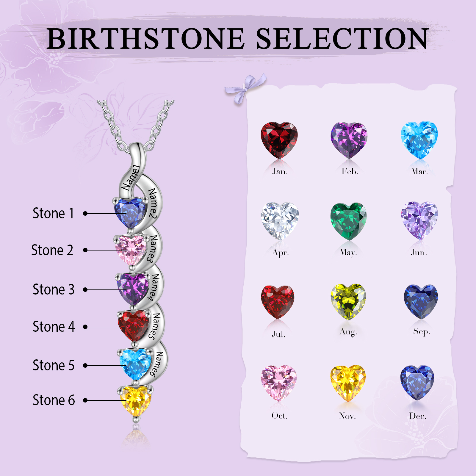 Collar de corazón 1-6 nombres y piedras personalizados-Jessemade ES