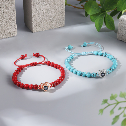 Pulsera de turquesa roja sintética con proyección de foto en color con dije de corazón pulsera ajustable-Jessemade ES
