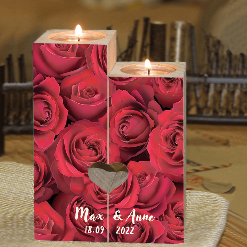 Candelero de rosas para pareja de madera de dos piezas sin candela con nombres personalizados y fecha-Jessemade ES