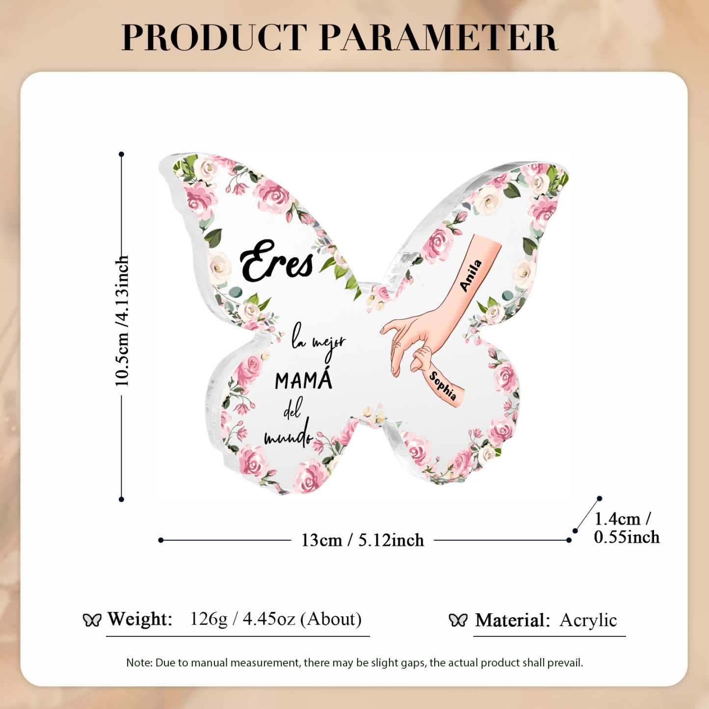 A mi mamá-Placa de acrílico en forma de mariposa mano con mano 2 nombres personalizados | Jessemade