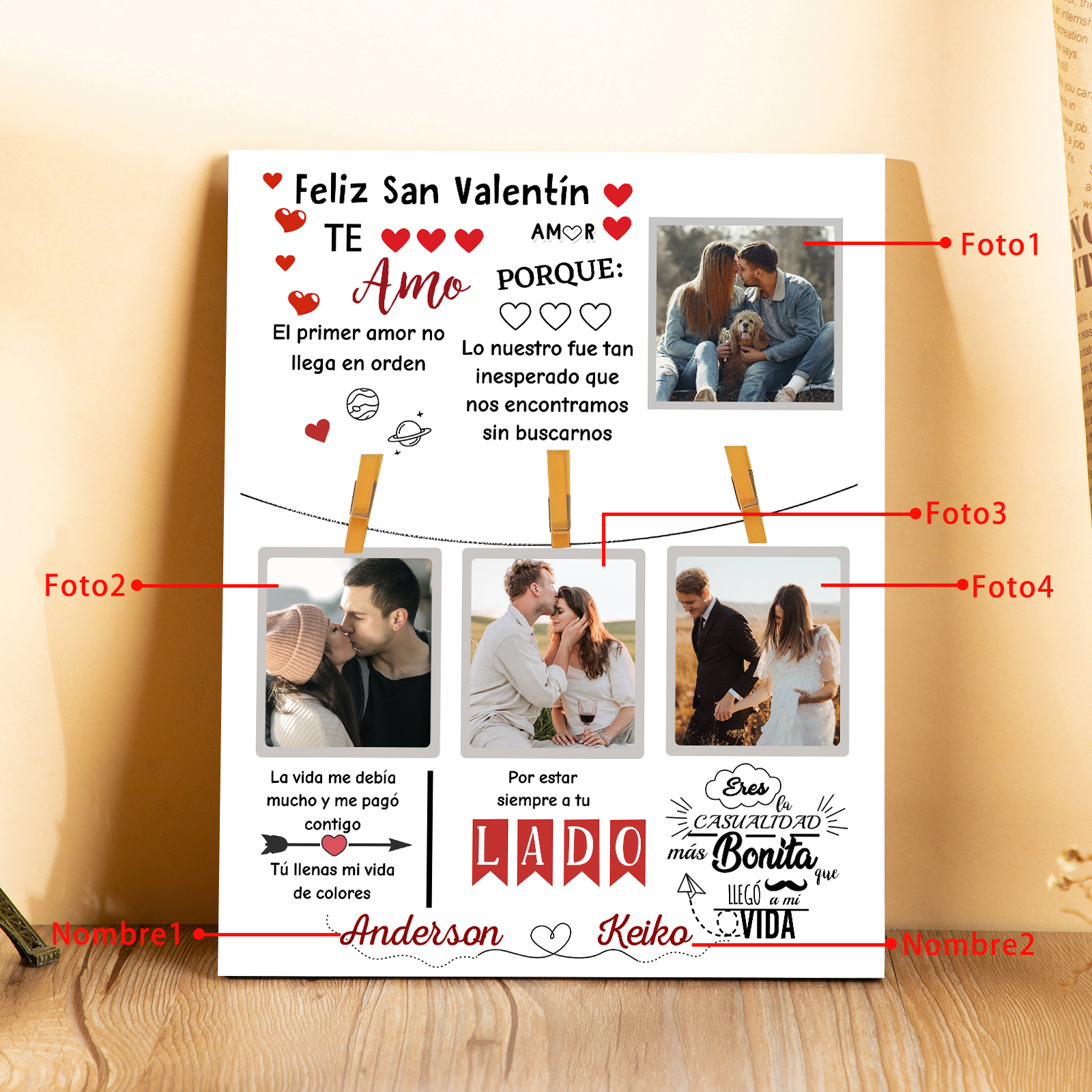 San Valentín-Lámina marco de madera para pareja personalizado con 2 nombres y 4 fotos-Jessemade ES