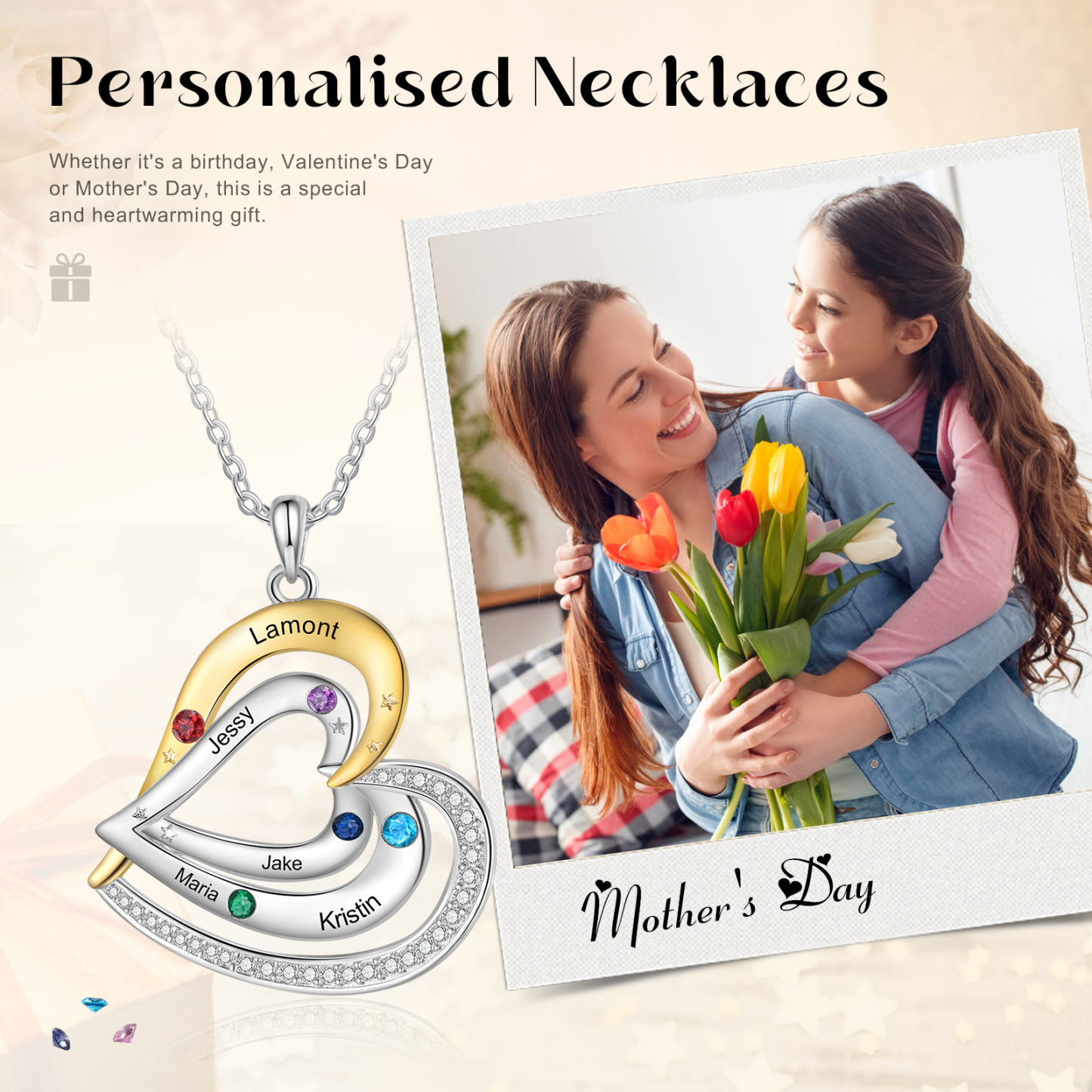 Collar de corazón con 5 nombres y piedras de nacimiento personalizados-Jessemade ES