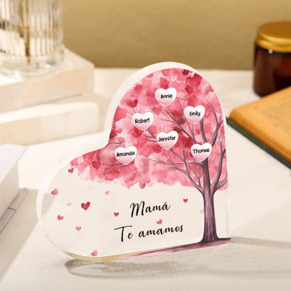 A mi mamá/abuela-Placa de acrílico "Árbol" en forma de corazón 6 nombres y 1 texto personalizados-Jessemade ES