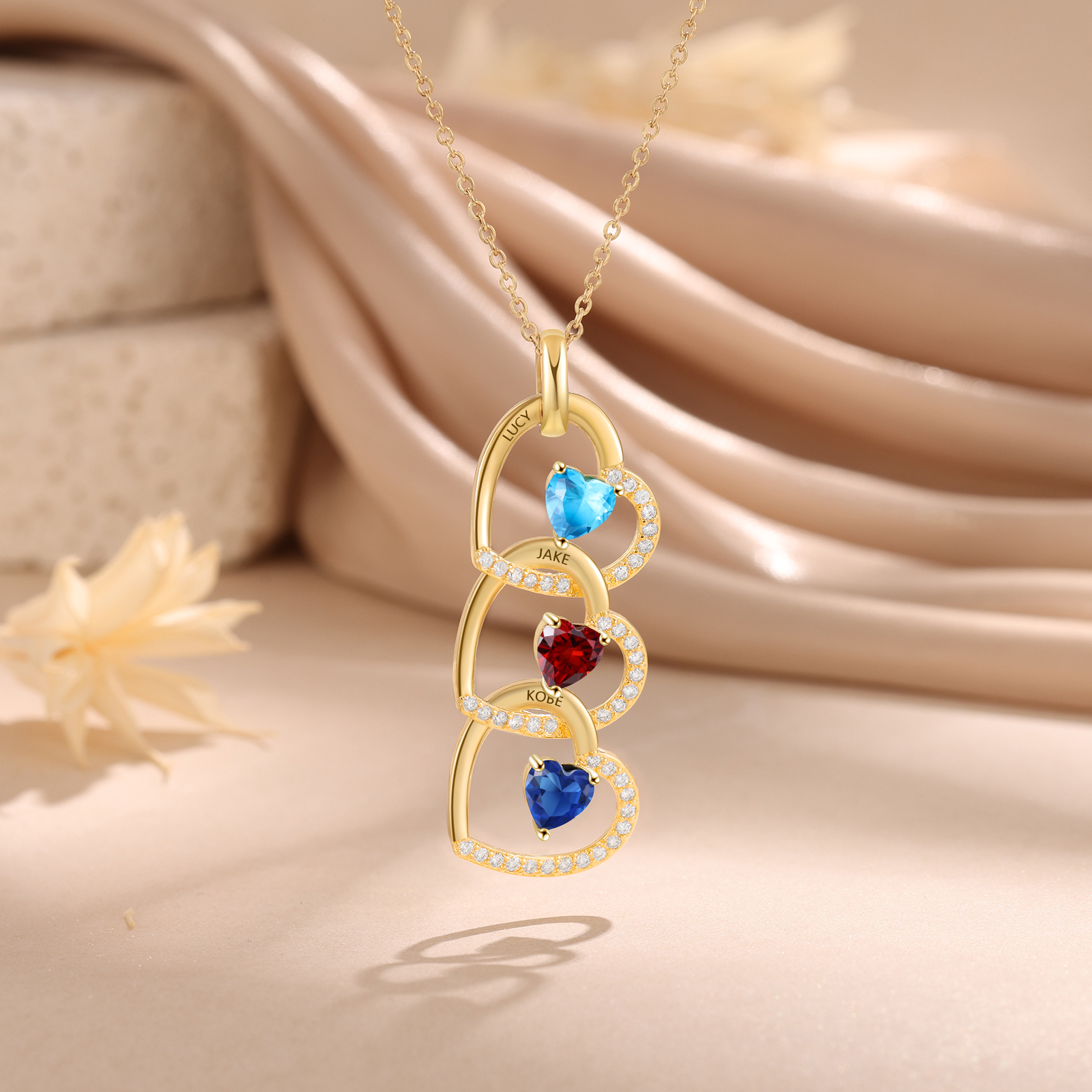 Collar corazones con 1-3 nombres personalizados y 1-3 piedras de nacimiento-Jessemade ES