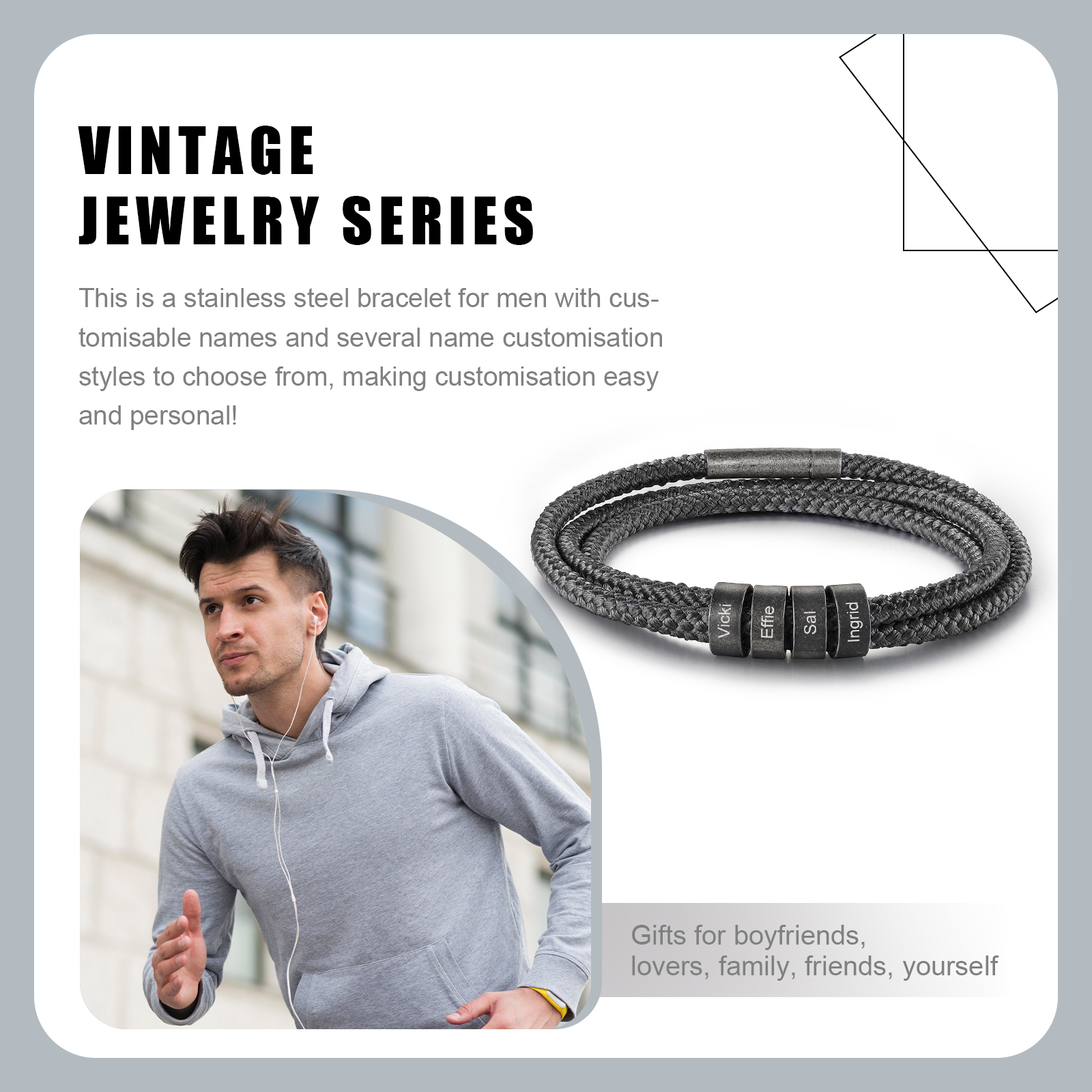 2-4 Nombres Personalizados Pulsera de Triple Cuerda Gris Aros de Acero Inoxidable-Jessemade ES