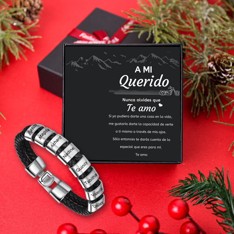 A mi querido-Pulsera de cuero trenzado Pulsera de hombre con 8 aros personalizados con 8 nombres-Jessemade ES