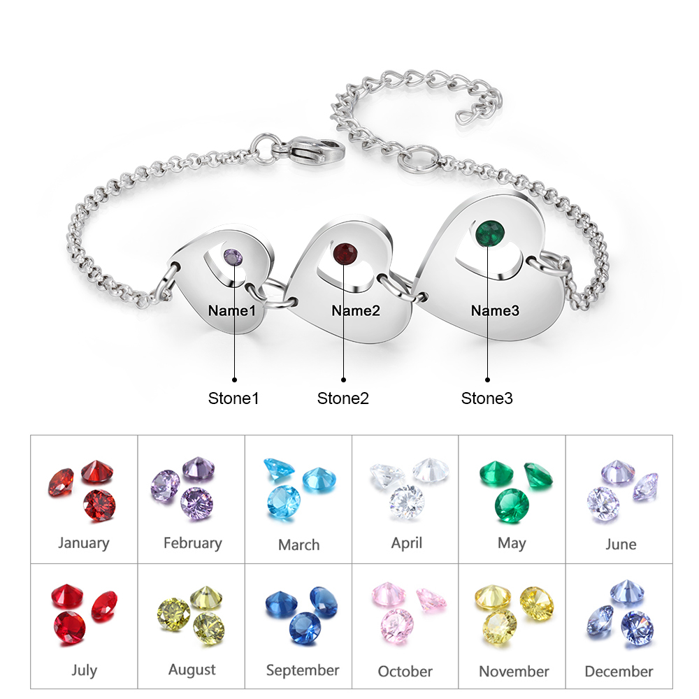 Pulsera de corazón personalizada con 3 nombres y 3 piedras de nacimiento-Jessemade ES
