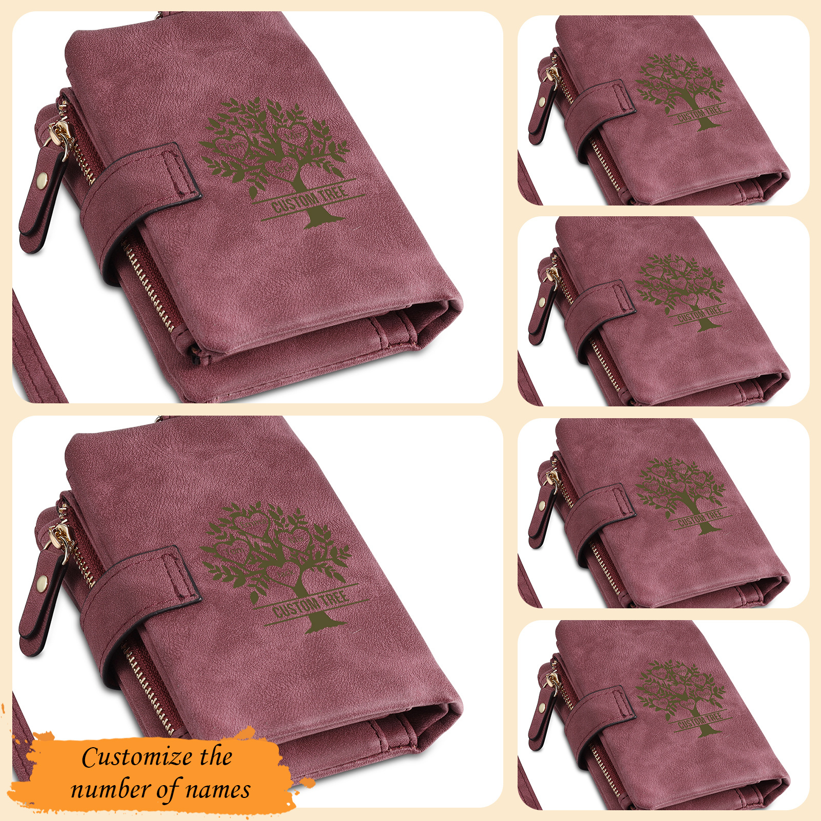 Cartera, billetera con 3-8 nombres, 1 letra y 1 texto personalizados árbol de la vida monedero clásico para mujer-Jessemade ES