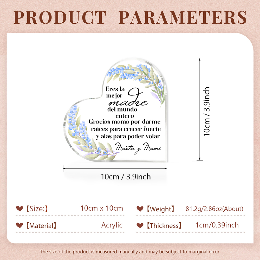 A mi mamá-Placa de acrílico en forma de corazón con frases amorosos 1 texto personalizado-Jessemade ES