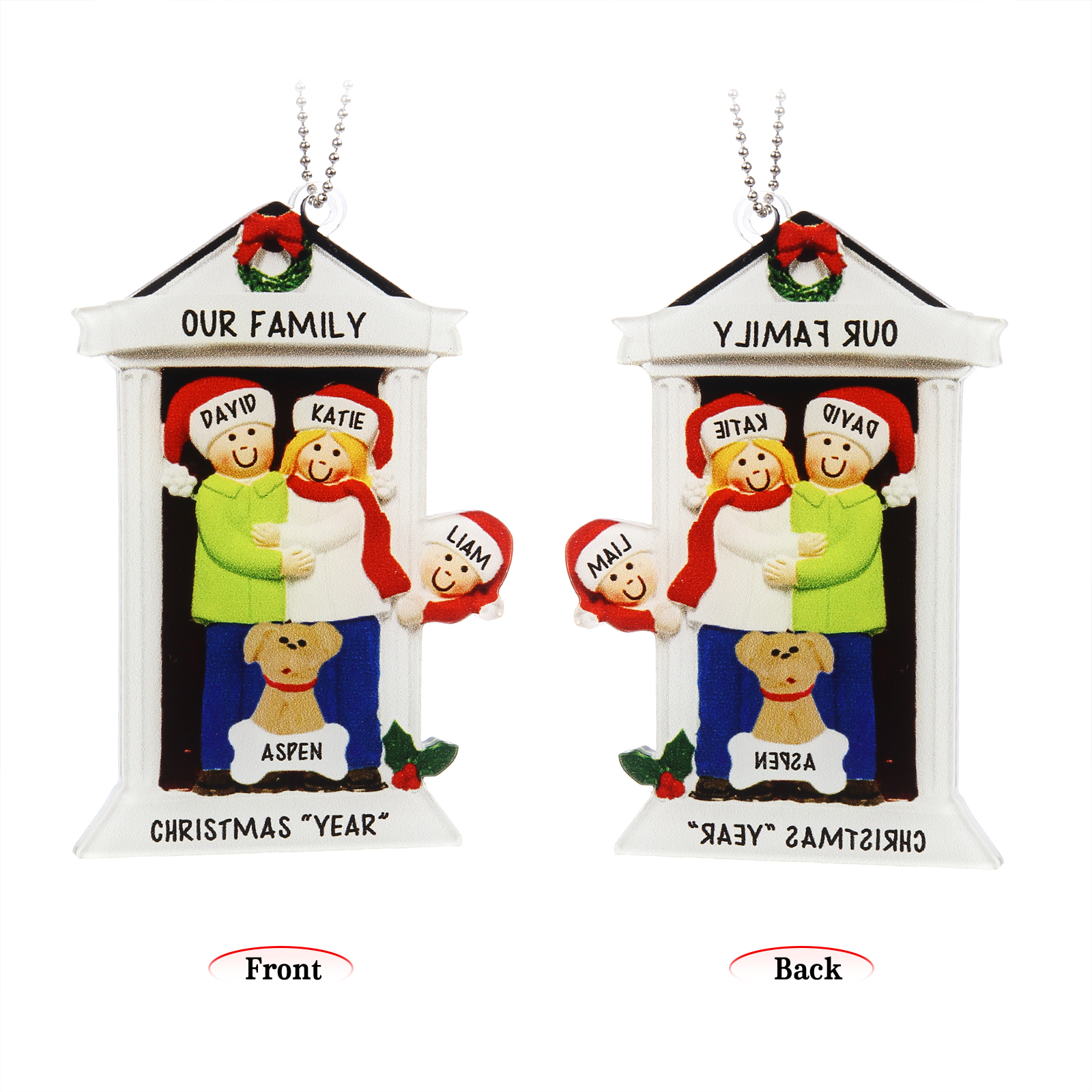 Navidad-Ornamentos Navideños de Acrílico Familia en Puerta con Perro 4 Nombres Personalizados con 2 Textos-Jessemade ES