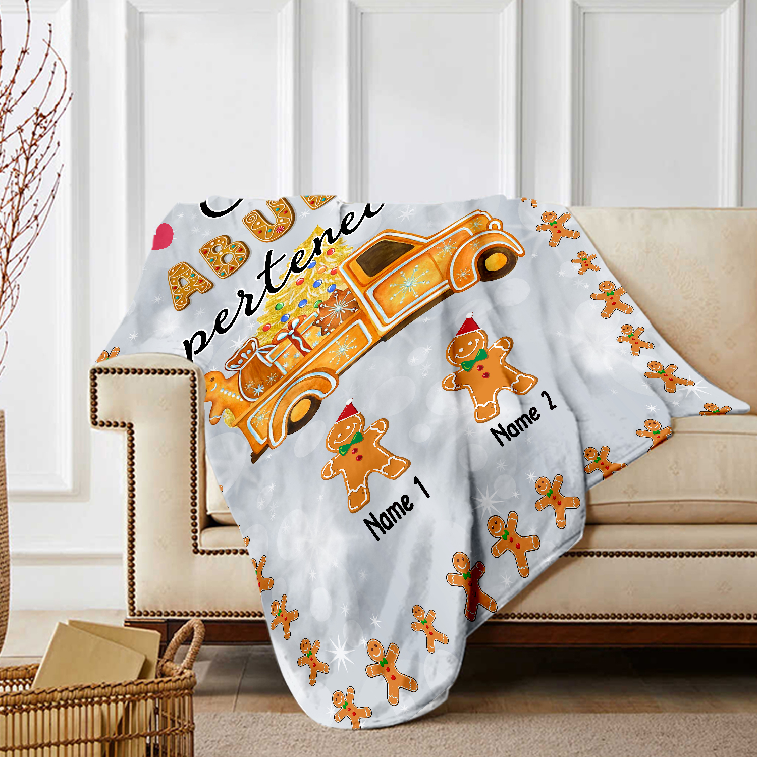 A mi abuela-Manta de buen calidad de Navidad hombres de jengibre personalizada con 2 nombres-Jessemade ES