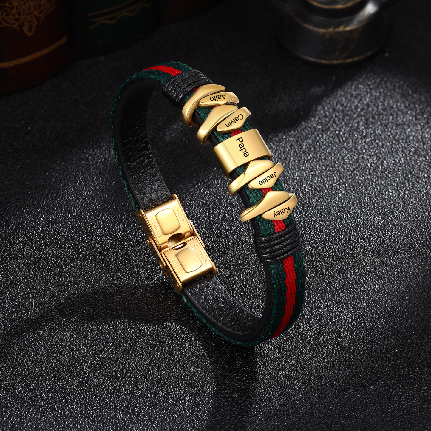 Pulsera 4 Nombres Personalizados de Cuero y Cuerda con Aros-Jessemade ES