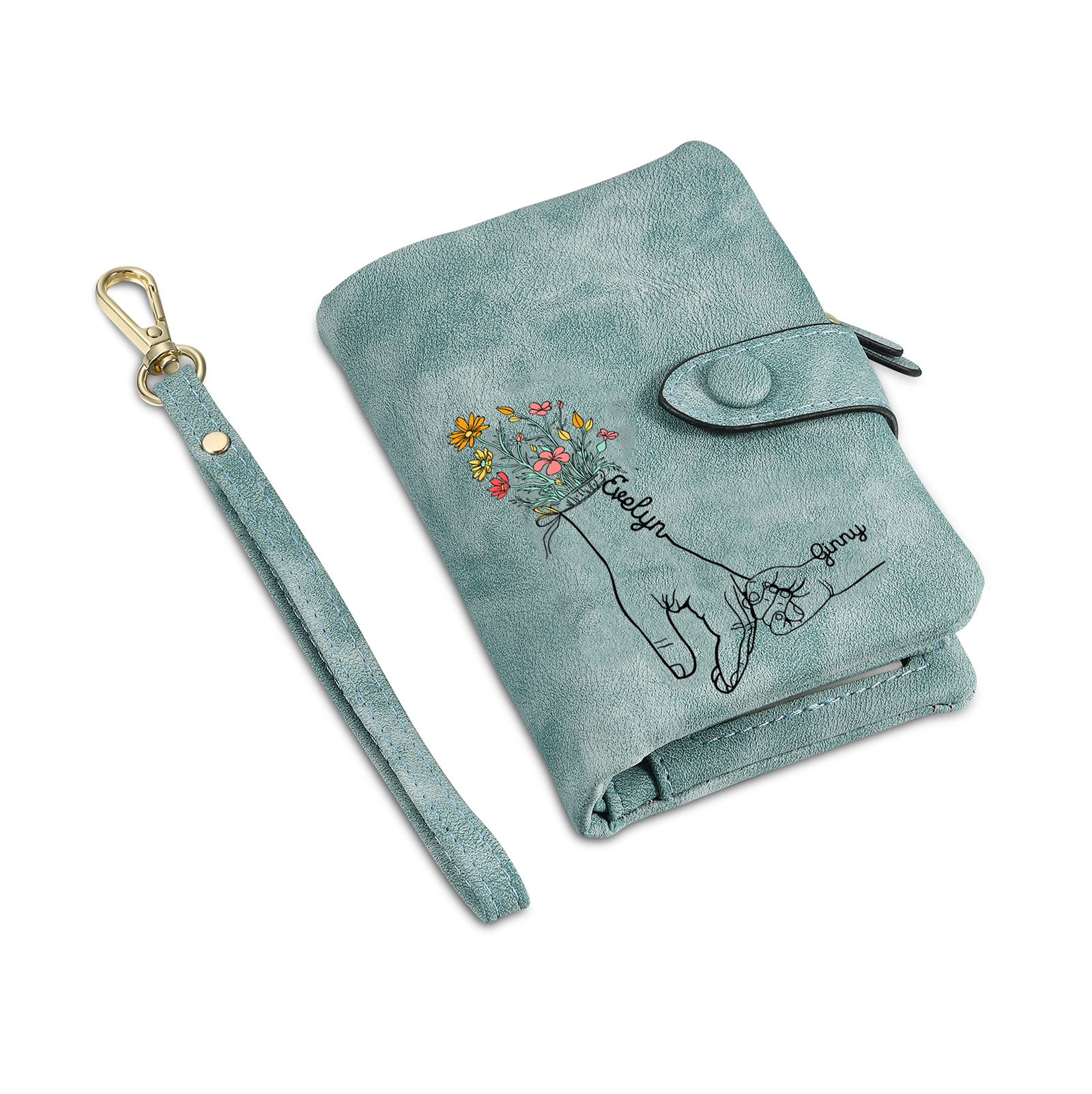 Cartera, billetera con 2 nombres y 1 foto personalizados mano con manito monedero clásico para mujer-Jessemade ES