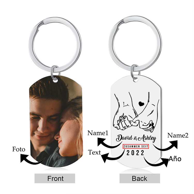 Llavero dedos cogidos personalizado con 2 nombres, texto, año y 1 foto para pareja-Jessemade ES
