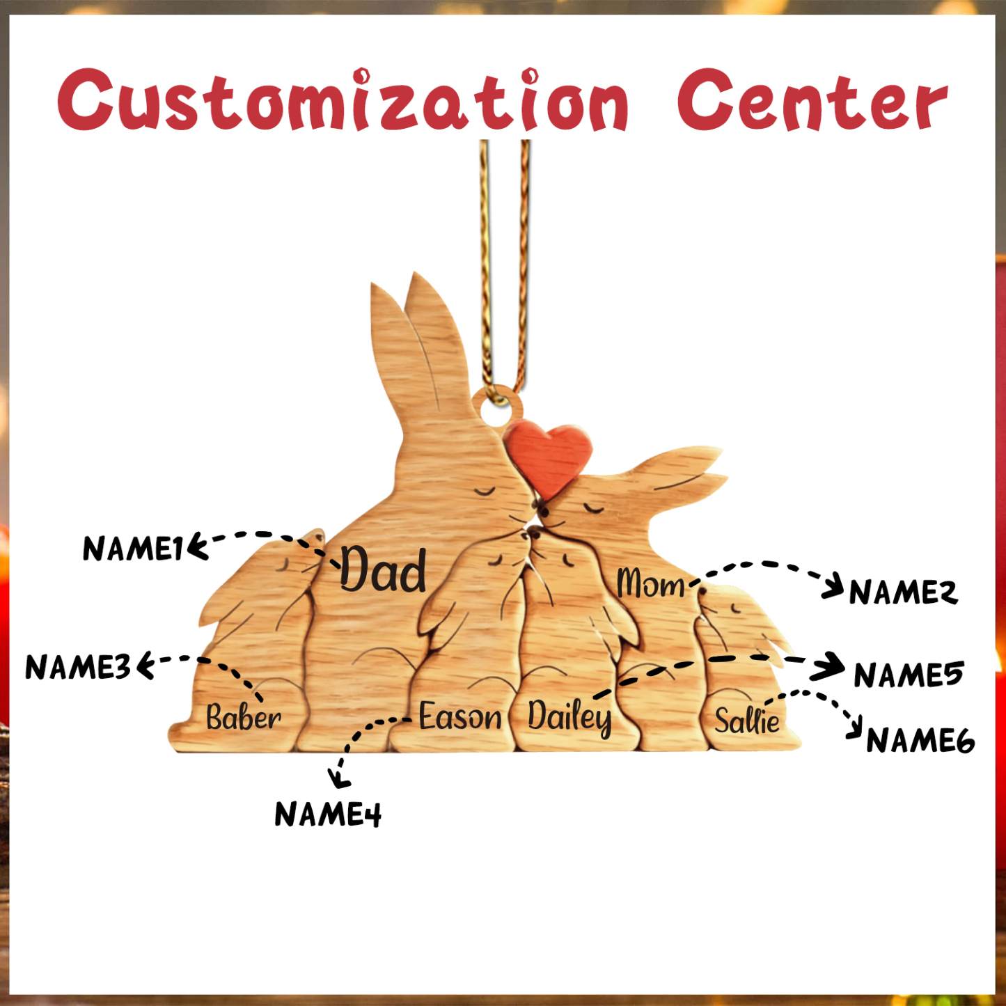 Navidad-Ornamento muñecos navideño de madera familia de conejos 6 nombres personalizados adorno del árbol-Jessemade ES