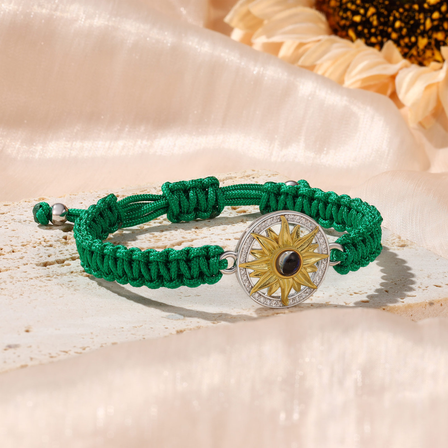 Pulsera con proyección de foto con dije de girasol cuerda verde-Jessemade ES