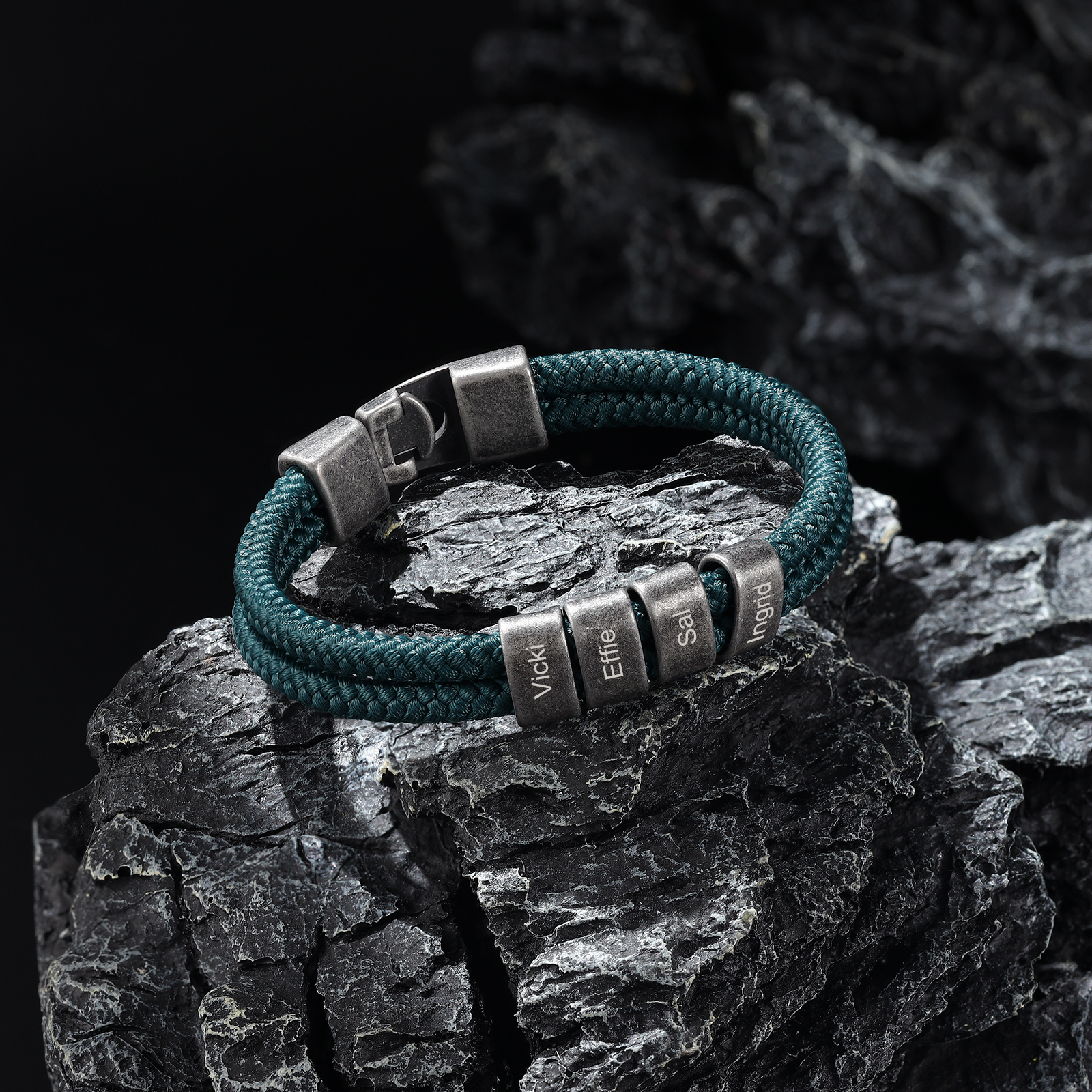 2-4 Nombres Personalizados Pulsera de Cuerda Verde Aros de Acero Inoxidable-Jessemade ES