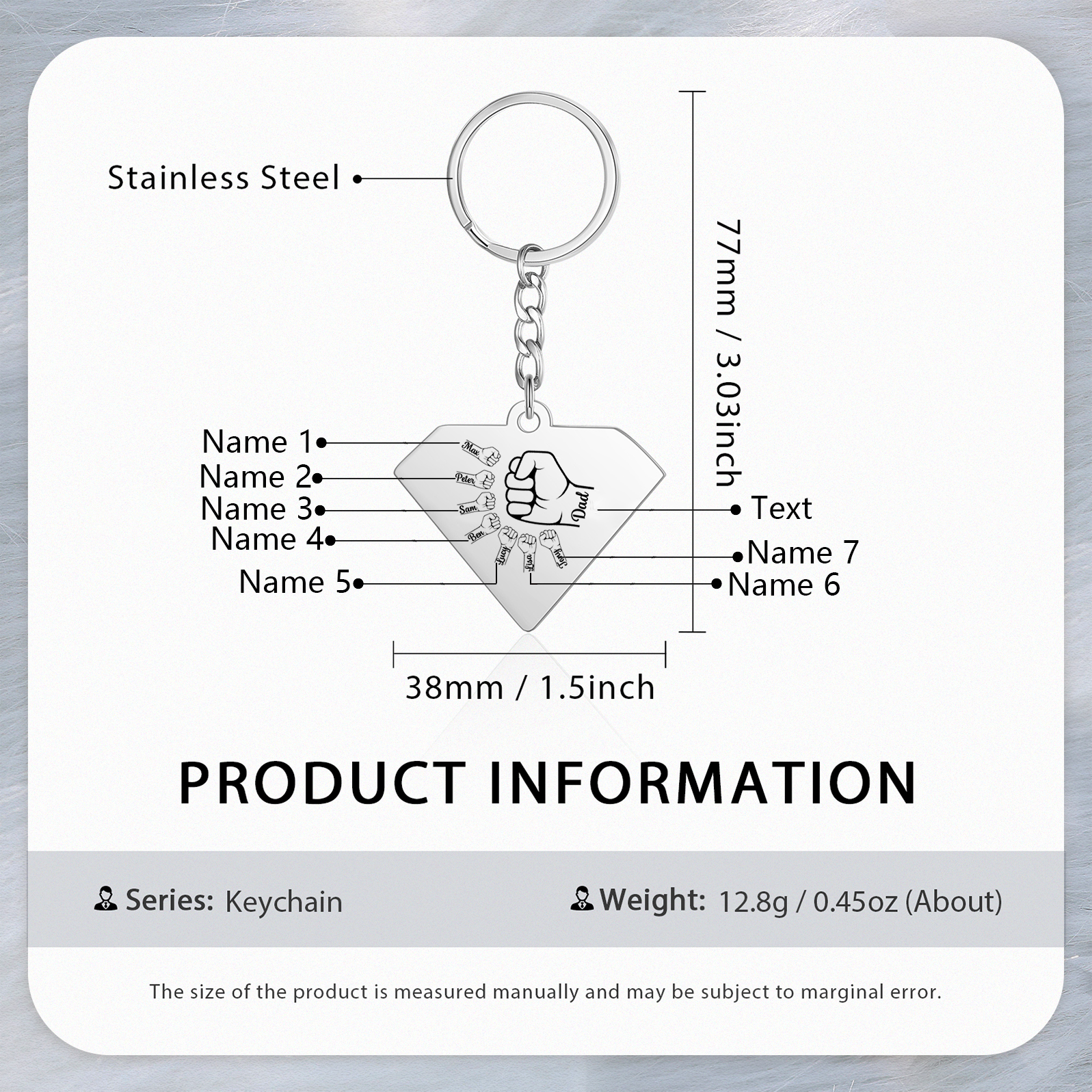 Llavero en forma de Superman puño con puño con 7 nombres personalizados con texto-Jessemade ES