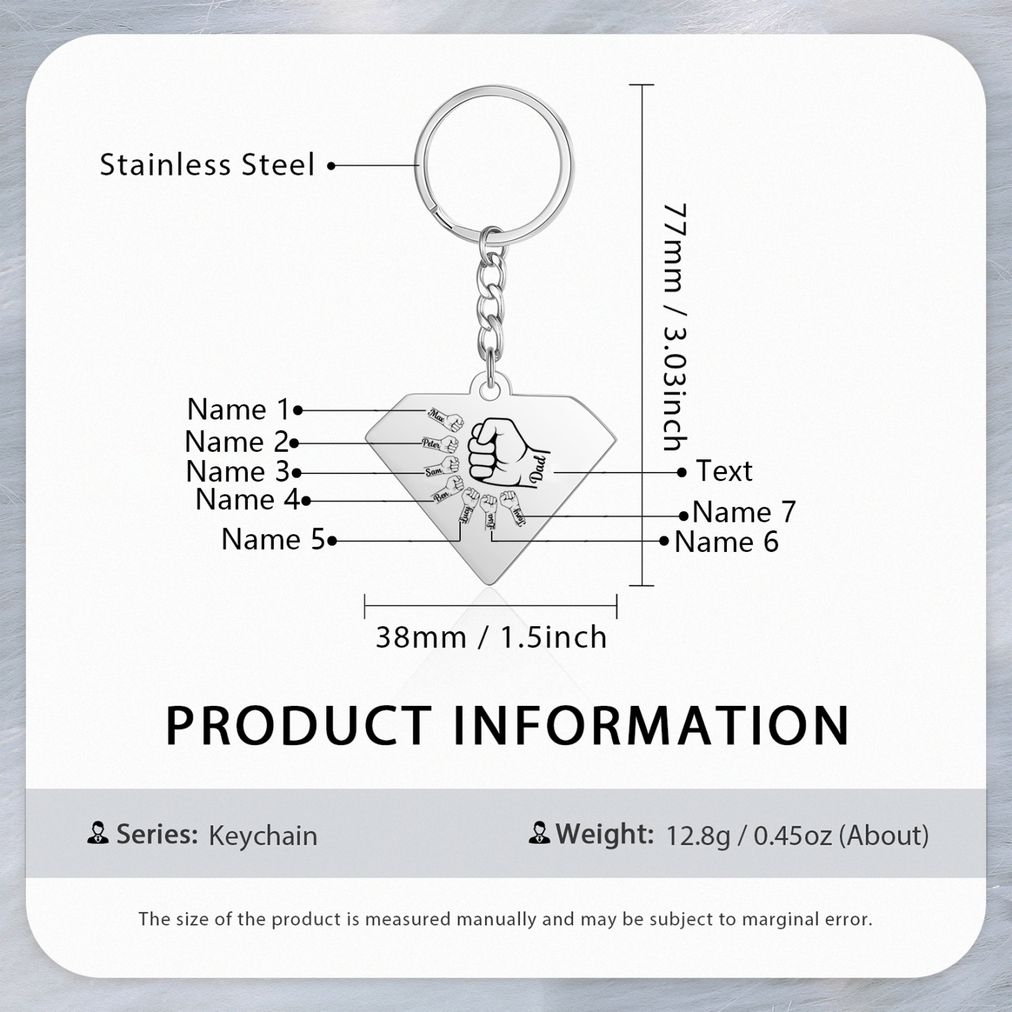 Llavero en forma de Superman puño con puño con 7 nombres personalizados con texto-Jessemade ES