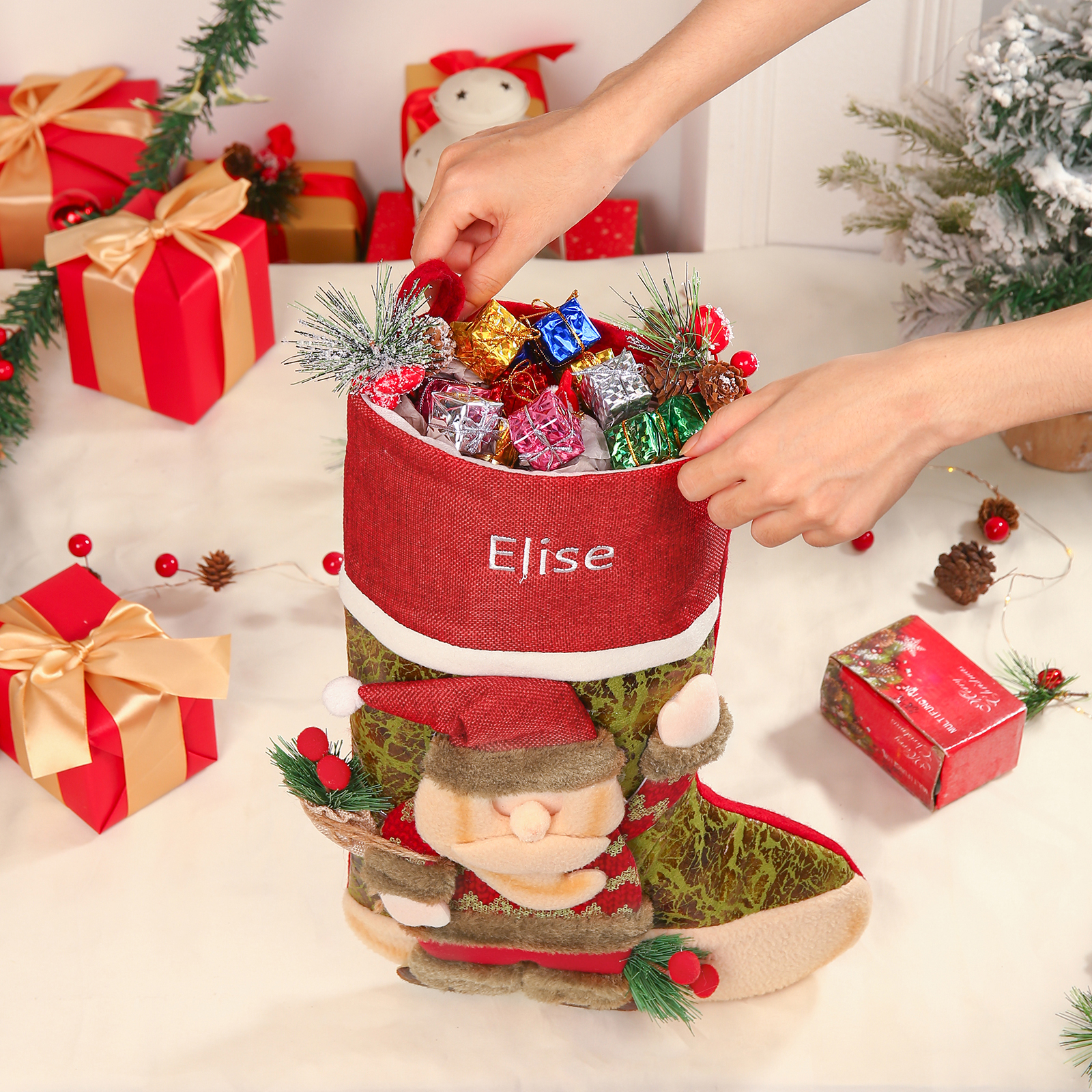 Adornos de medias navideñas con muñeco Bolsa de regalo 1 Nombre personalizado-Jessemade ES