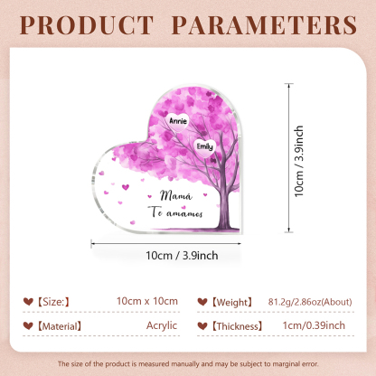 A mi mamá/abuela-Placa de acrílico "Árbol" en forma de corazón 2 nombres y 1 texto personalizados-Jessemade ES