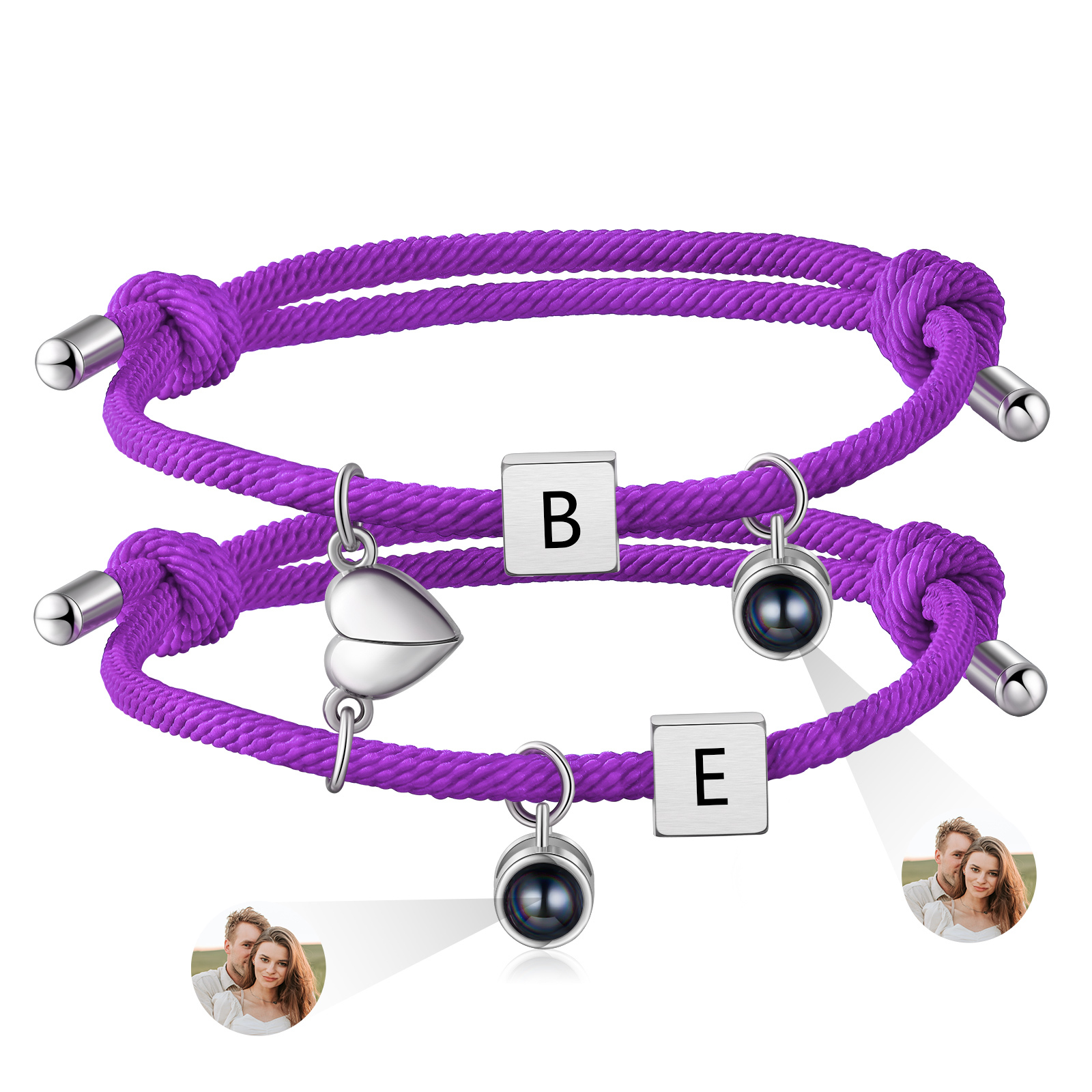 Pulsera de cuerda para pareja personalizada con 2 letras con proyección de foto y dije de corazón magnético-Jessemade ES