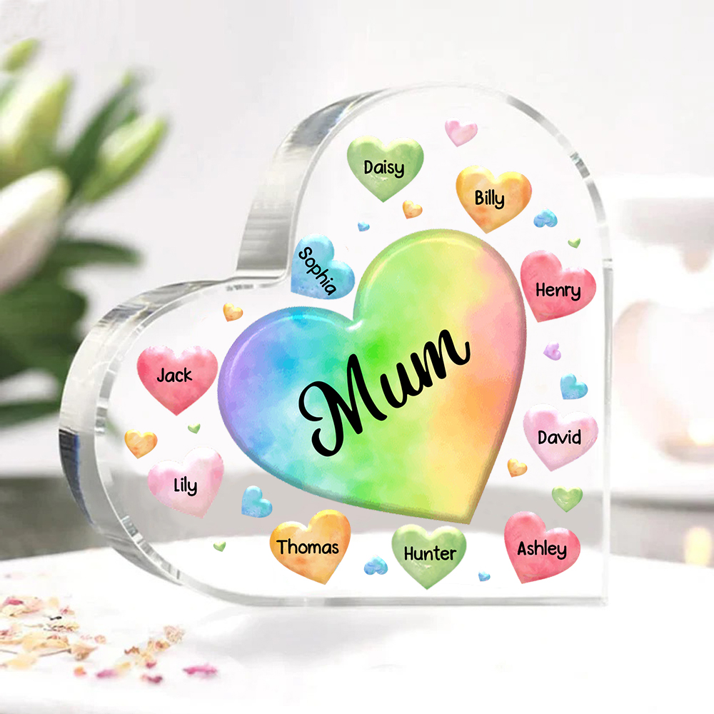 A mi mamá/abuela-Placa de acrílico "Corazones" en forma de corazón 10 nombres y 1 texto personalizados-Jessemade ES