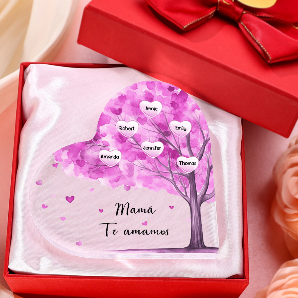 A mi mamá/abuela-Placa de acrílico "Árbol" en forma de corazón 6 nombres y 1 texto personalizados-Jessemade ES