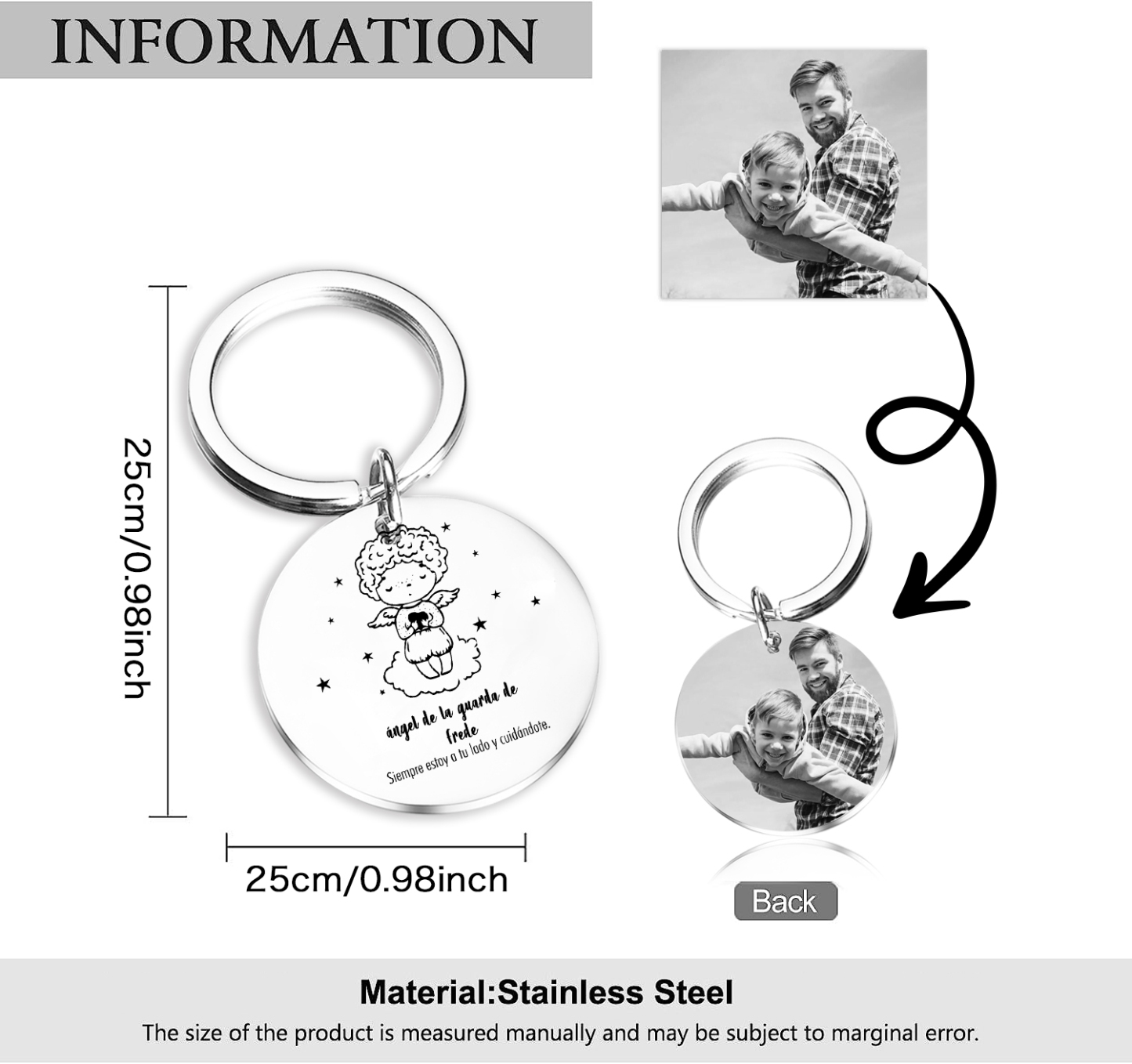 A mi hijo-Llavero de placa "ángel de la guarda" personalizado con 1 nombre y 1 foto-Jessemade ES