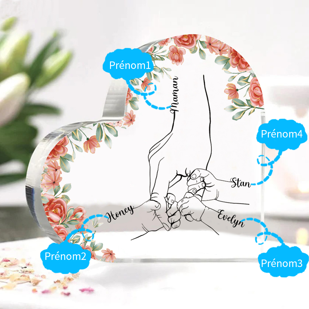 A mi mamá/abuela-Placa de acrílico en forma de corazón mano y manitas 2-6 nombres personalizados-Jessemade ES