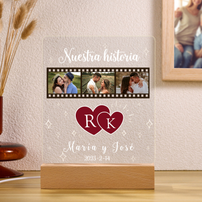 Lámpara para pareja 3D Ilusión Luz de Noche LED 2 letras, 2 textos, fecha y 3 fotos personalizados -Jessemade ES