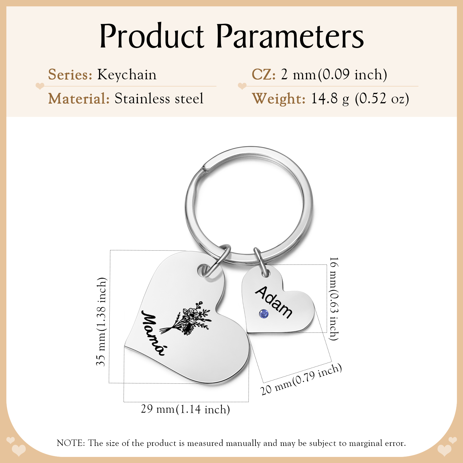A mi mamá/abuela - Llavero con 1 nombre y piedra de nacimiento personalizados en corazón con texto y flor-Jessemade ES