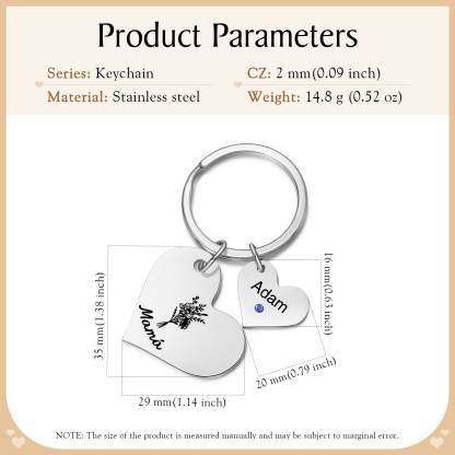 A mi mamá/abuela - Llavero con 1 nombre y piedra de nacimiento personalizados en corazón con texto y flor-Jessemade ES