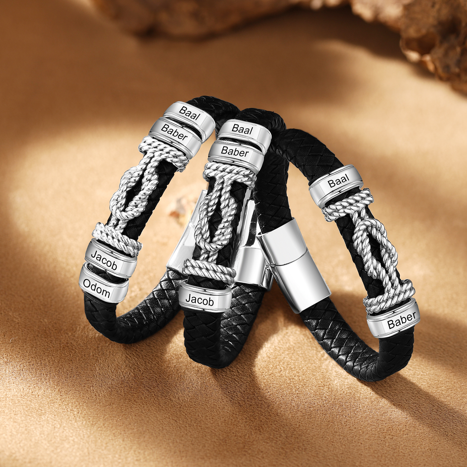 2-4 Nombres Personalizados Pulsera de Cuero Infinito de Acero Inoxidable-Jessemade ES