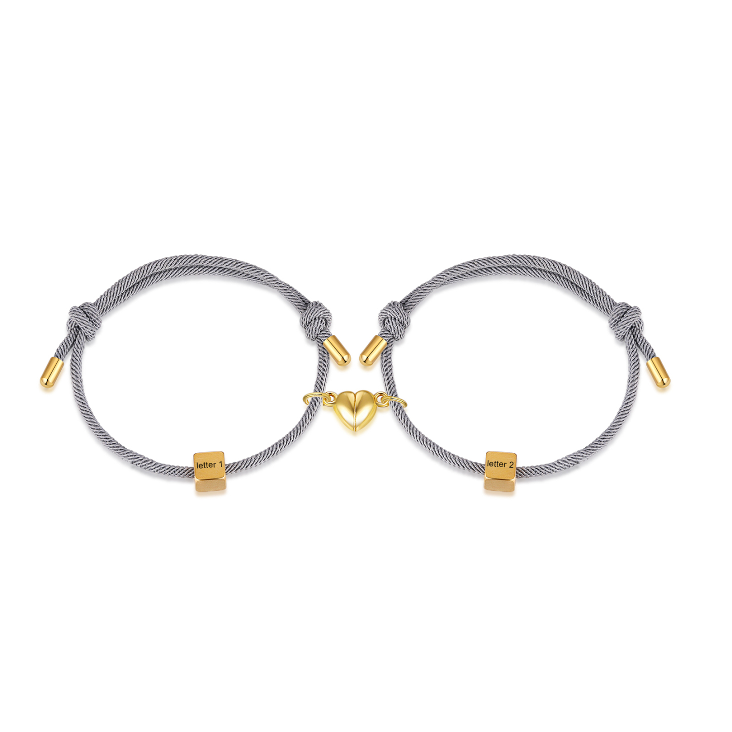 Pulseras de cuerda personalizadas para pareja con dije de corazón magnético grabado de dos letras-Jessemade ES