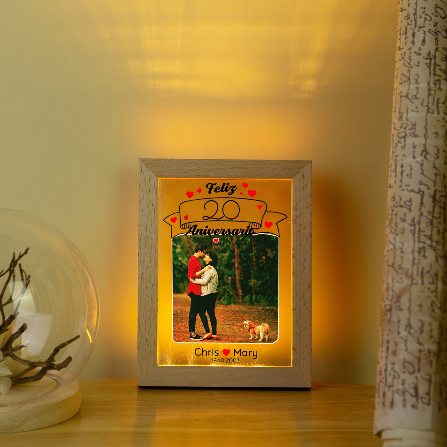 Marco con lámpara aniversario de 1 foto de madera para pareja 2 nombres, fecha y número personalizados-Jessemade ES