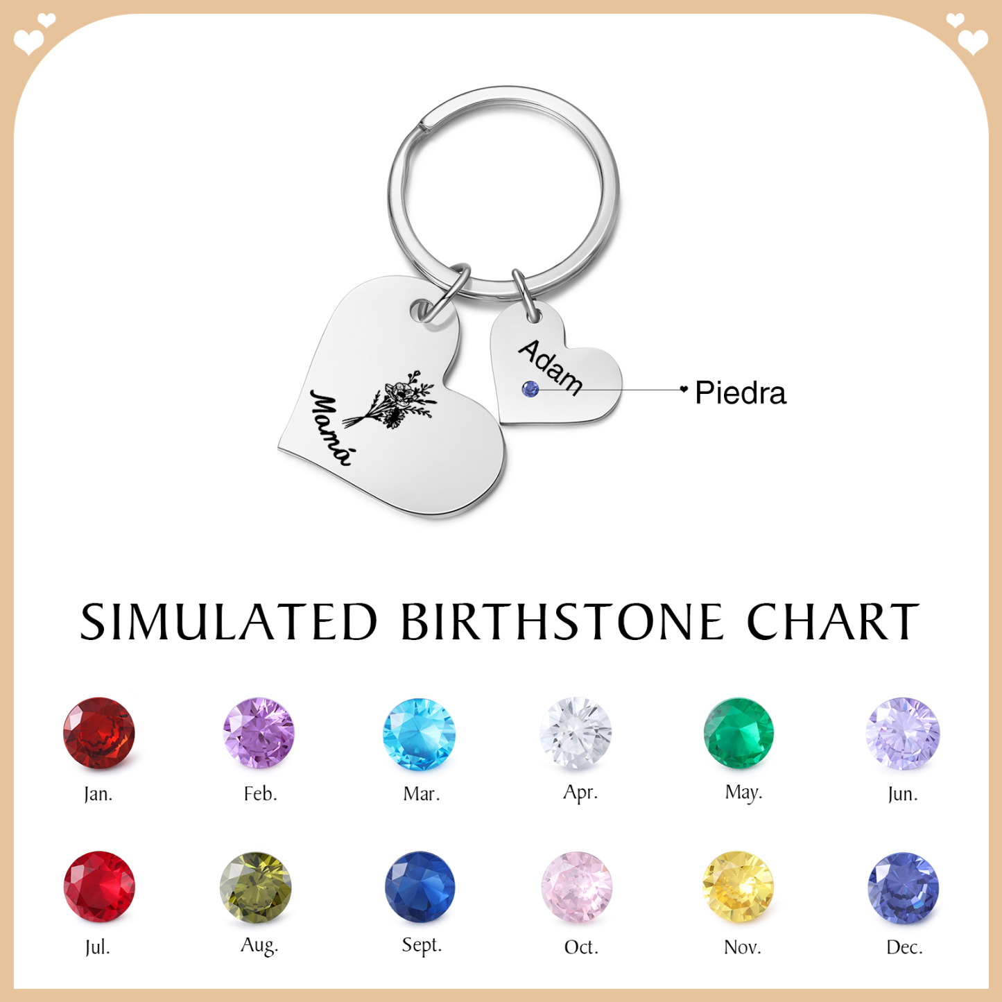 A mi mamá/abuela - Llavero con 1 nombre y piedra de nacimiento personalizados en corazón con texto y flor-Jessemade ES