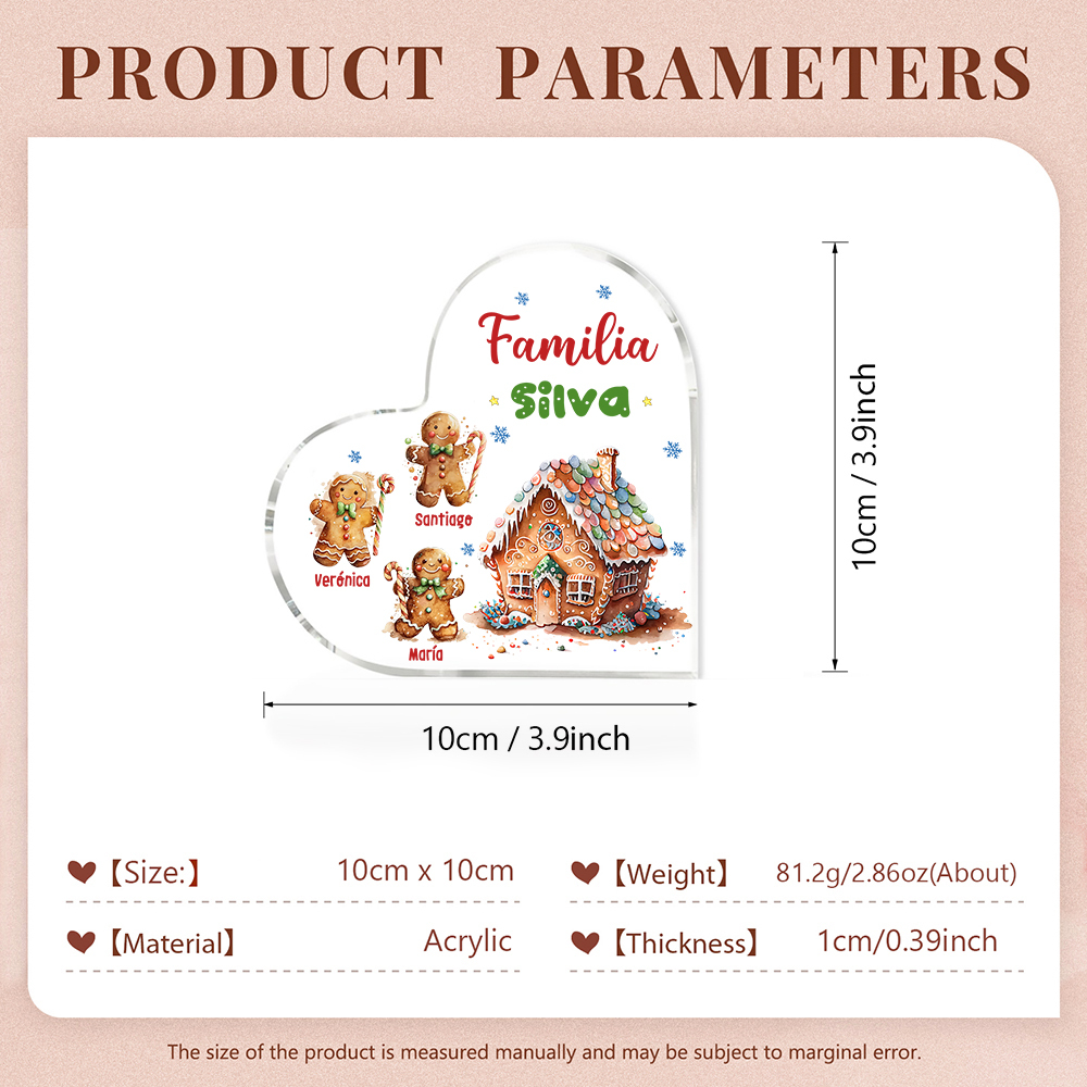 Navidad - Placa de acrílico en forma de corazón jengibres y su casa con 3 nombres y 1 texto personalizados-Jessemade ES