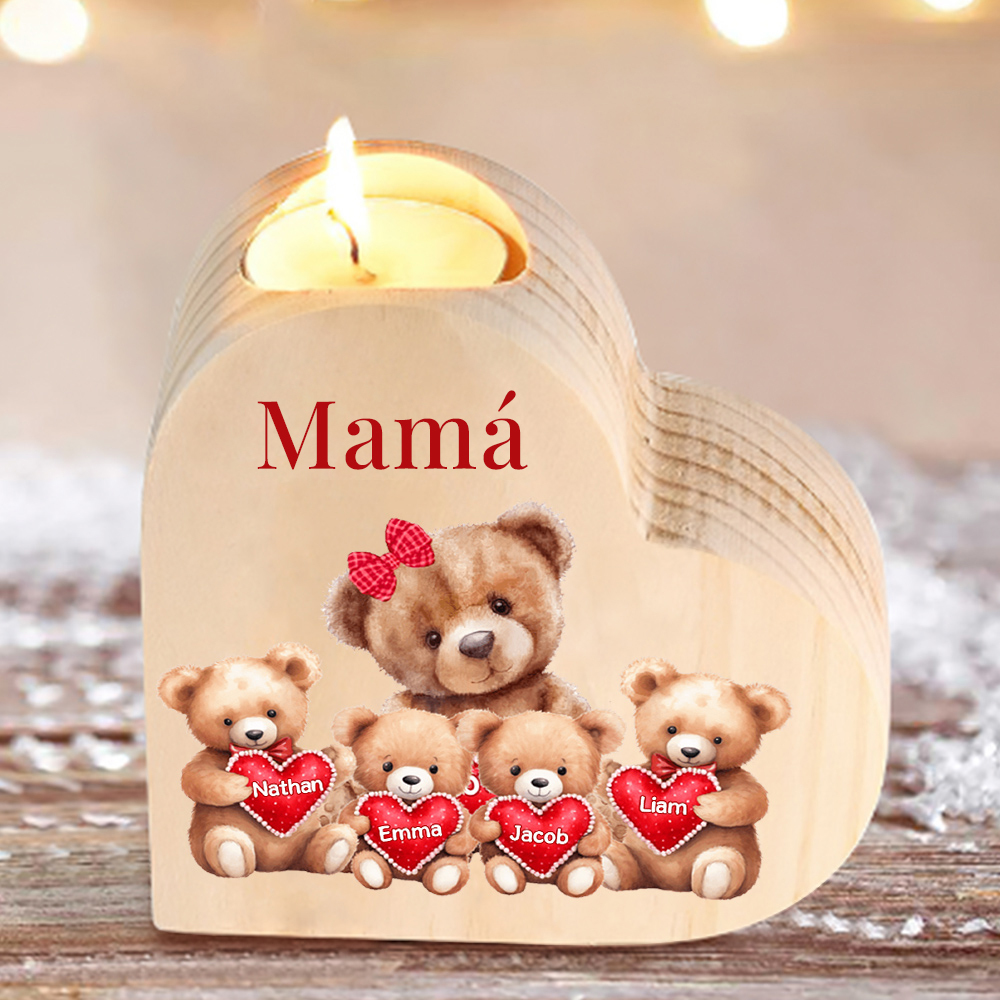 A mi mamá/abuela-Candelero osos 1-6 nombres y 1 texto personalizados en forma de corazón de madera sin candela-Jessemade ES