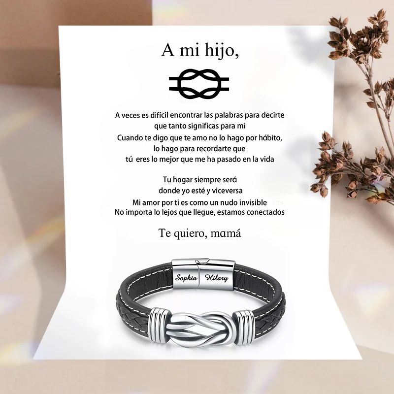 A mi hijo-Pulsera de Cuero Nudo Eterno de Acero Inoxidable con 2 Nombres Personalizados