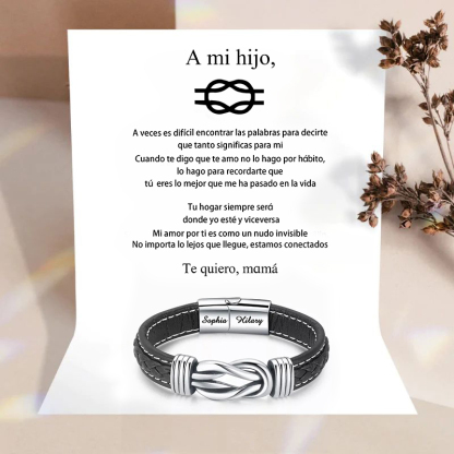 A mi hijo-Pulsera de Cuero Nudo Eterno de Acero Inoxidable con 2 Nombres Personalizados
