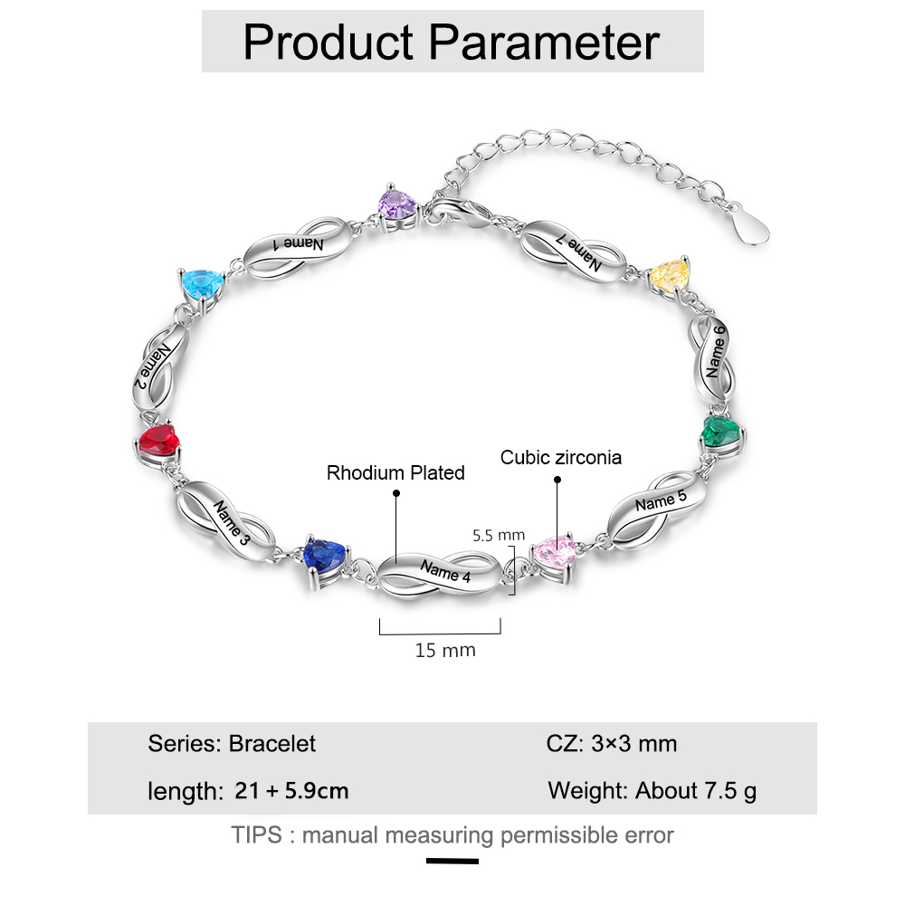 Pulsera "infinito" personalizada con 7 nombres y 7 piedras de nacimiento de corazón-Jessemade ES
