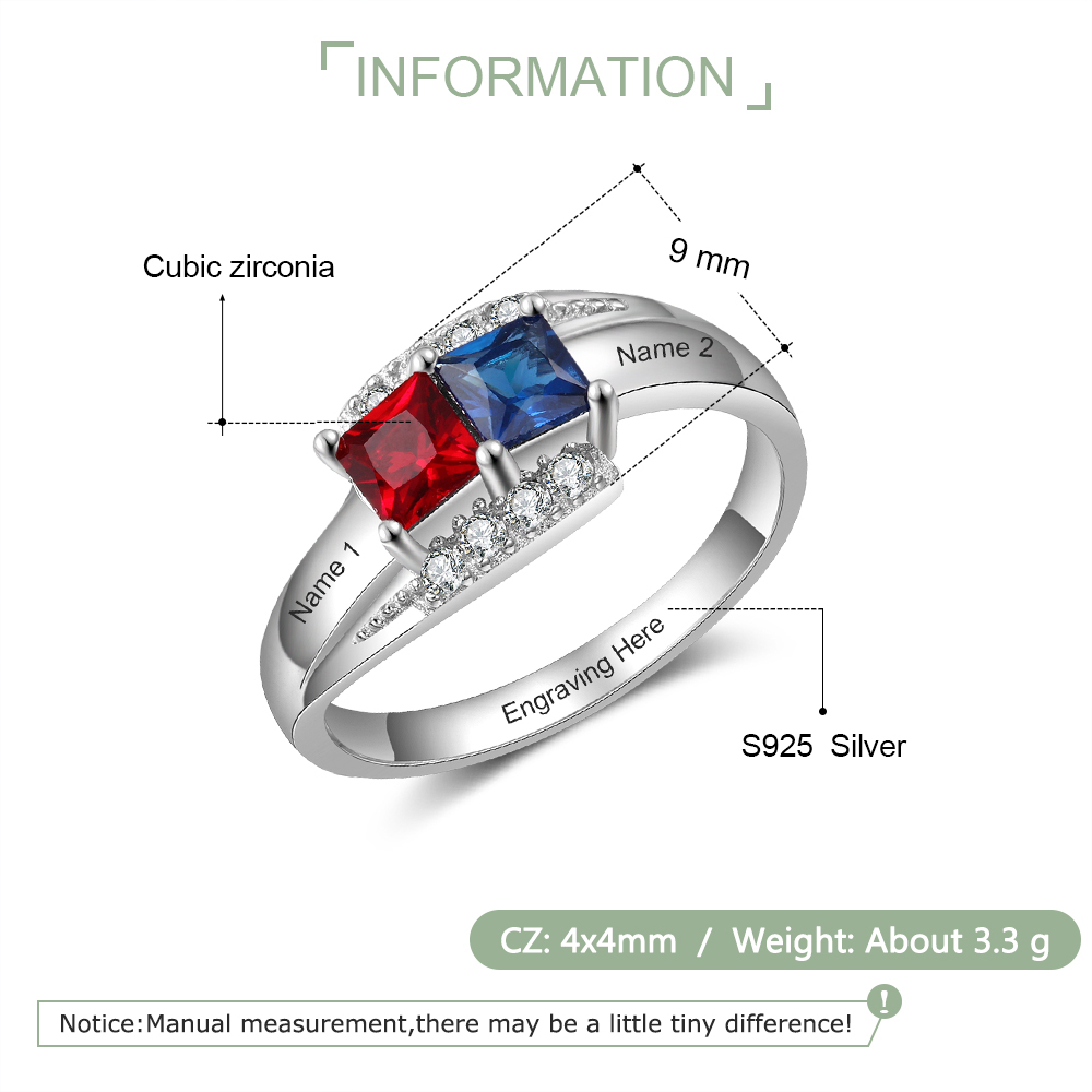 Anillo de Plata 925 2 Nombres Personalizados con 2 Piedras de Nacimiento