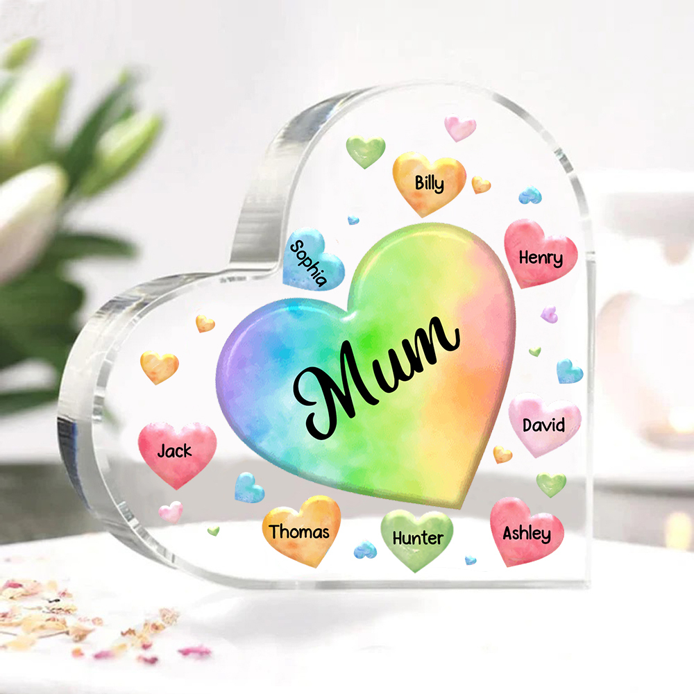 A mi mamá/abuela-Placa de acrílico "Corazones" en forma de corazón 8 nombres y 1 texto personalizados-Jessemade ES