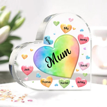 A mi mamá/abuela-Placa de acrílico "Corazones" en forma de corazón 8 nombres y 1 texto personalizados-Jessemade ES