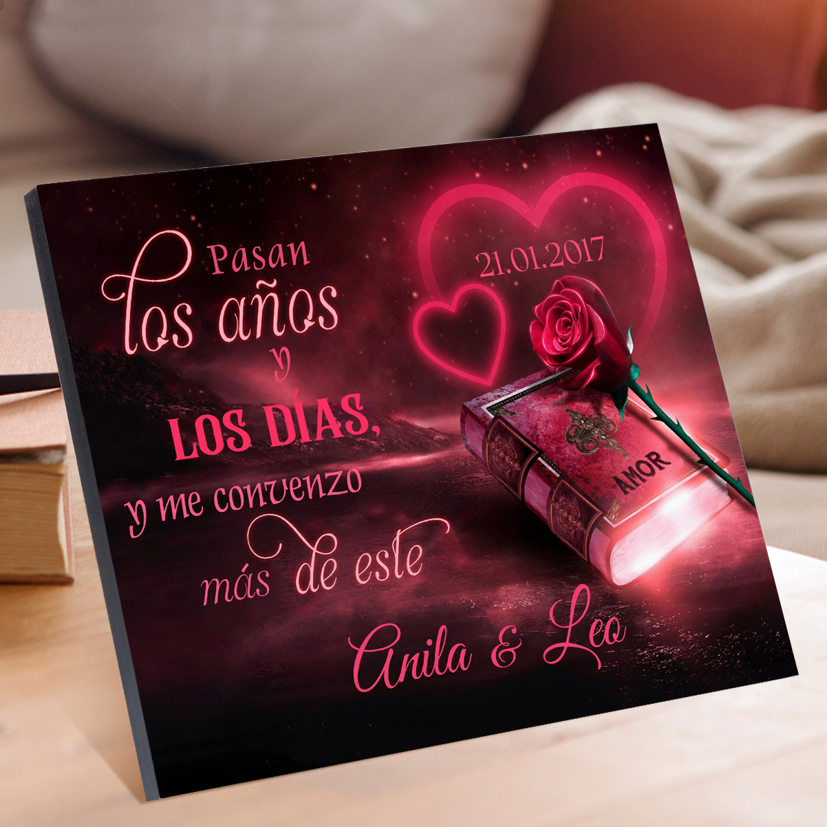 Lámina libro de amor marco de madera para pareja personalizado con 2 nombres y fecha-Jessemade ES