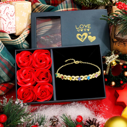 Pulsera infinito personalizada con 6 nombres y 6 piedras de nacimiento de corazón-Jessemade ES