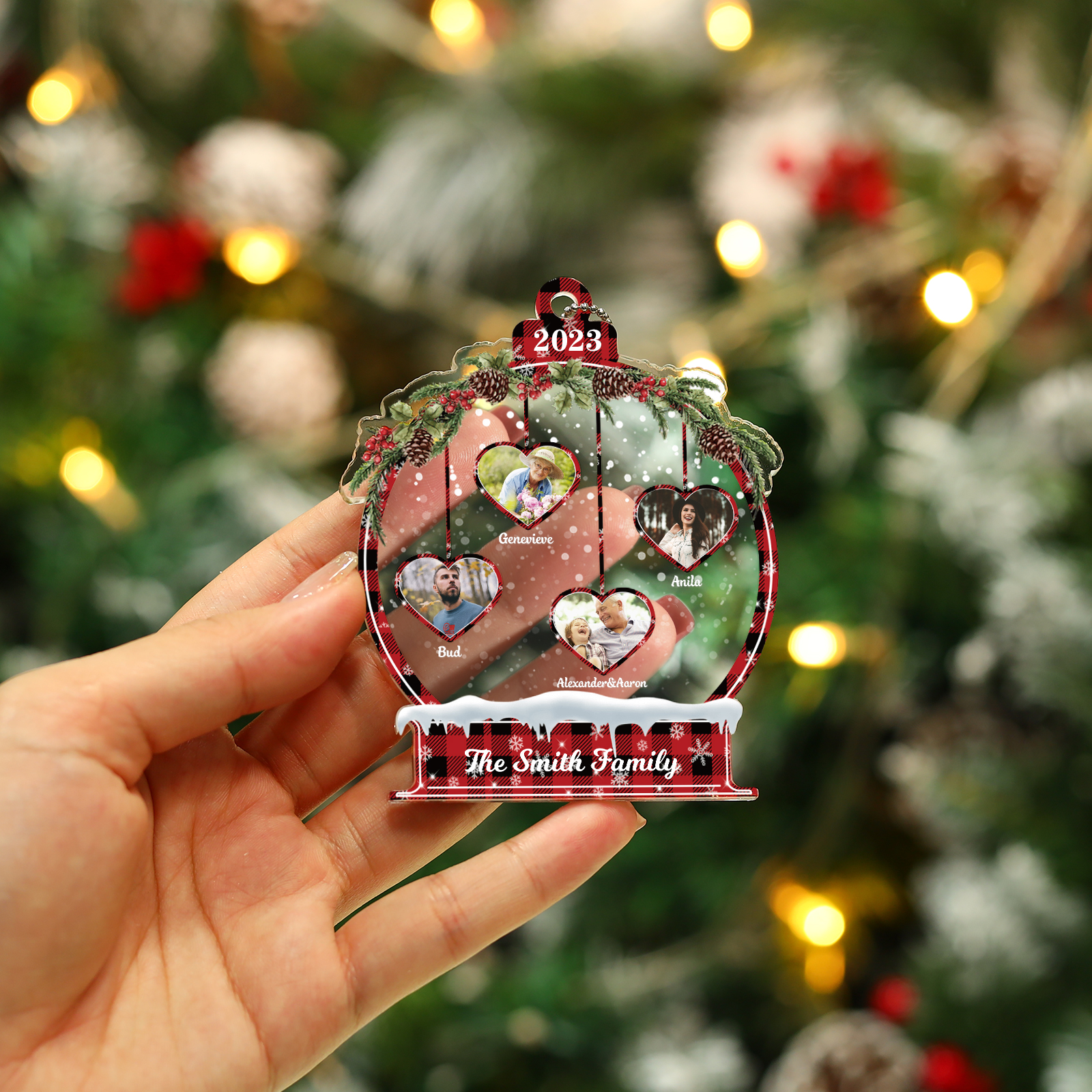 Navidad-Ornamento navideño de acrílico bola de cristal con 4 nombres, 4 fotos y 1 texto personalizados-Jessemade ES
