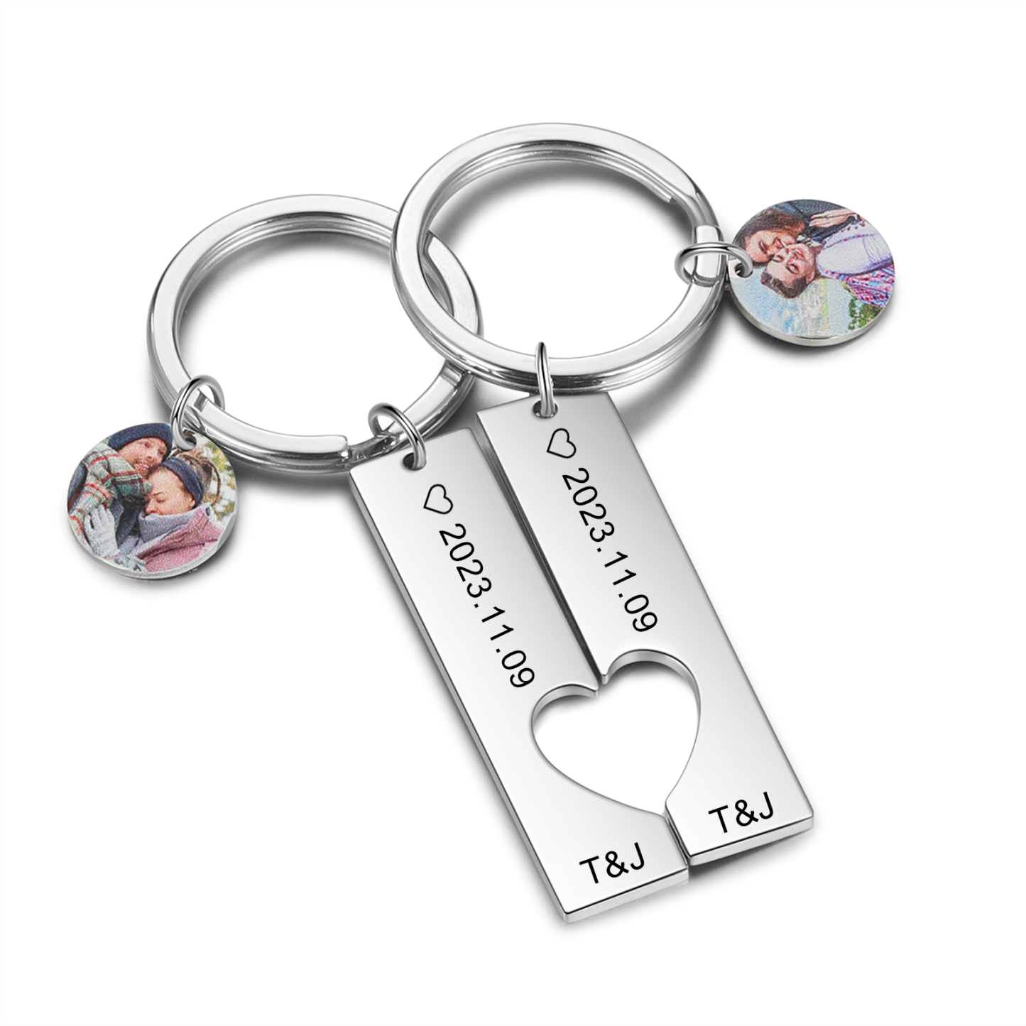 Llavero para pareja corazón encajado 2 letras personalizadas con fecha dije de foto-Jessemade ES